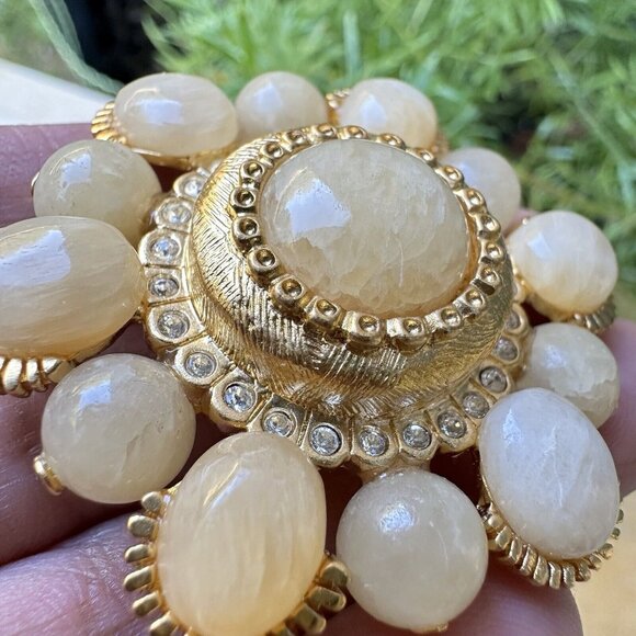 VTG St John Statement Flower Brooch Pin 2" Honey Onyx Rhinestones Gold Tone - Picture 5 of 10